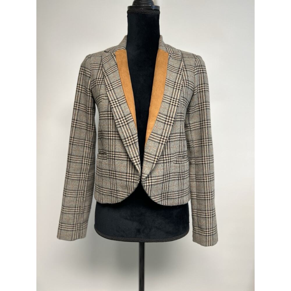 Willow & Clay Wool Blend Plaid Blazer Jacket Suede XS‎ Vintage Style Equestrian